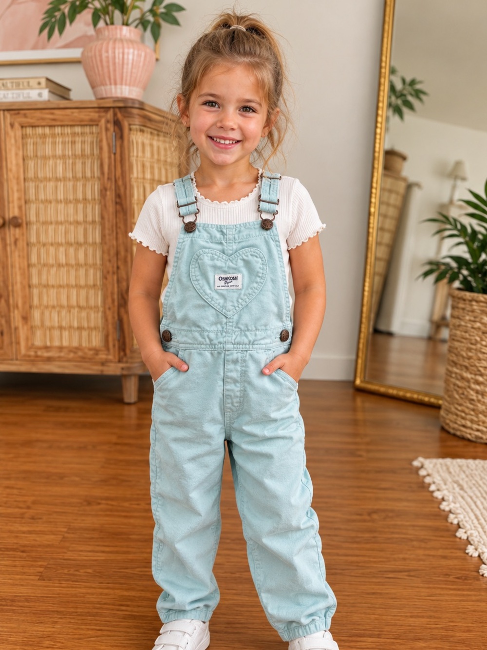 Girls Sz 4t Baby Blue Oshkosh B’gosh heart Pocket Overalls Vest back